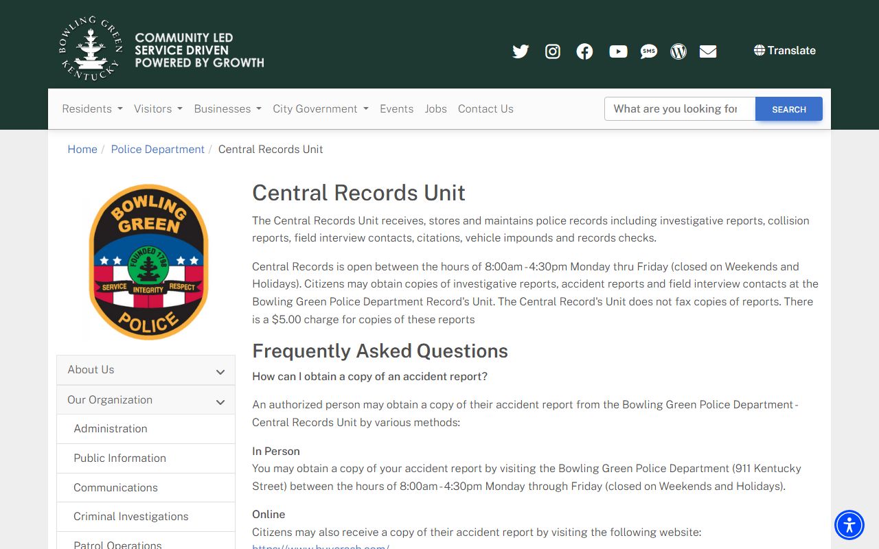 Bowling Green Police Department records request page