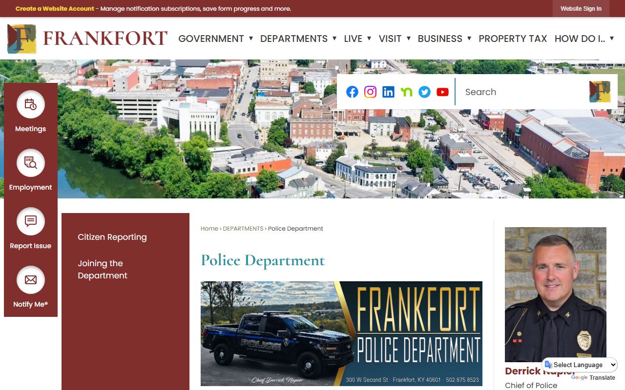 Frankfort Police Department building and patrol vehicles serving the capital city