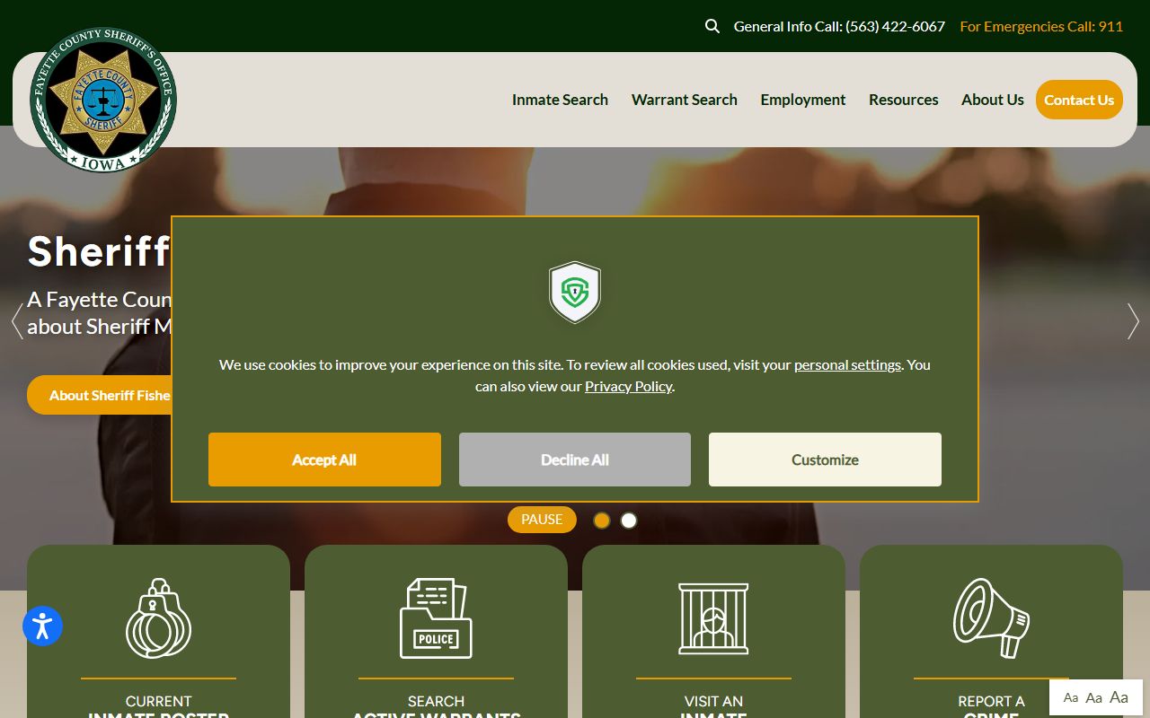 Fayette County Sheriff website showing inmate search options