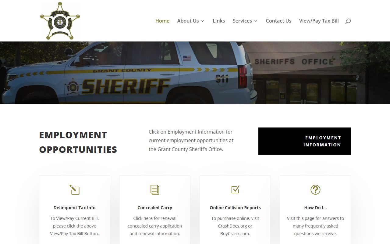 Grant County Sheriff's Office website showing law enforcement services