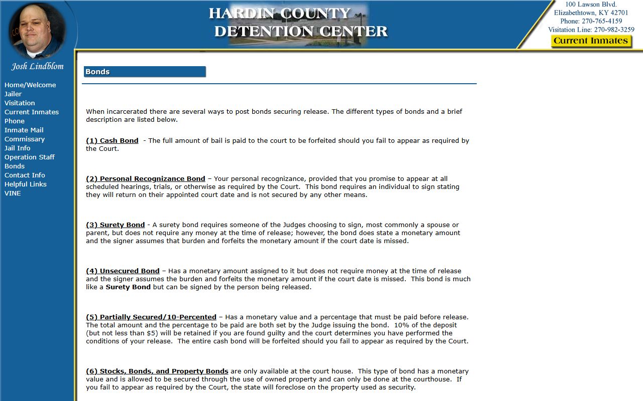 Hardin County bond information page for inmate release