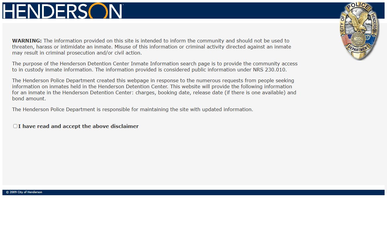 City of Henderson inmate information portal for recent bookings