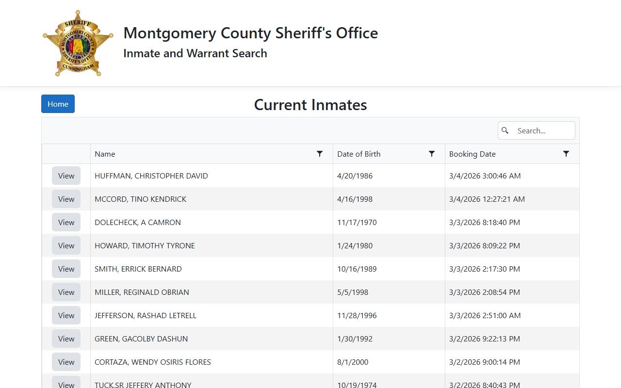 Montgomery County inmate search showing recent bookings