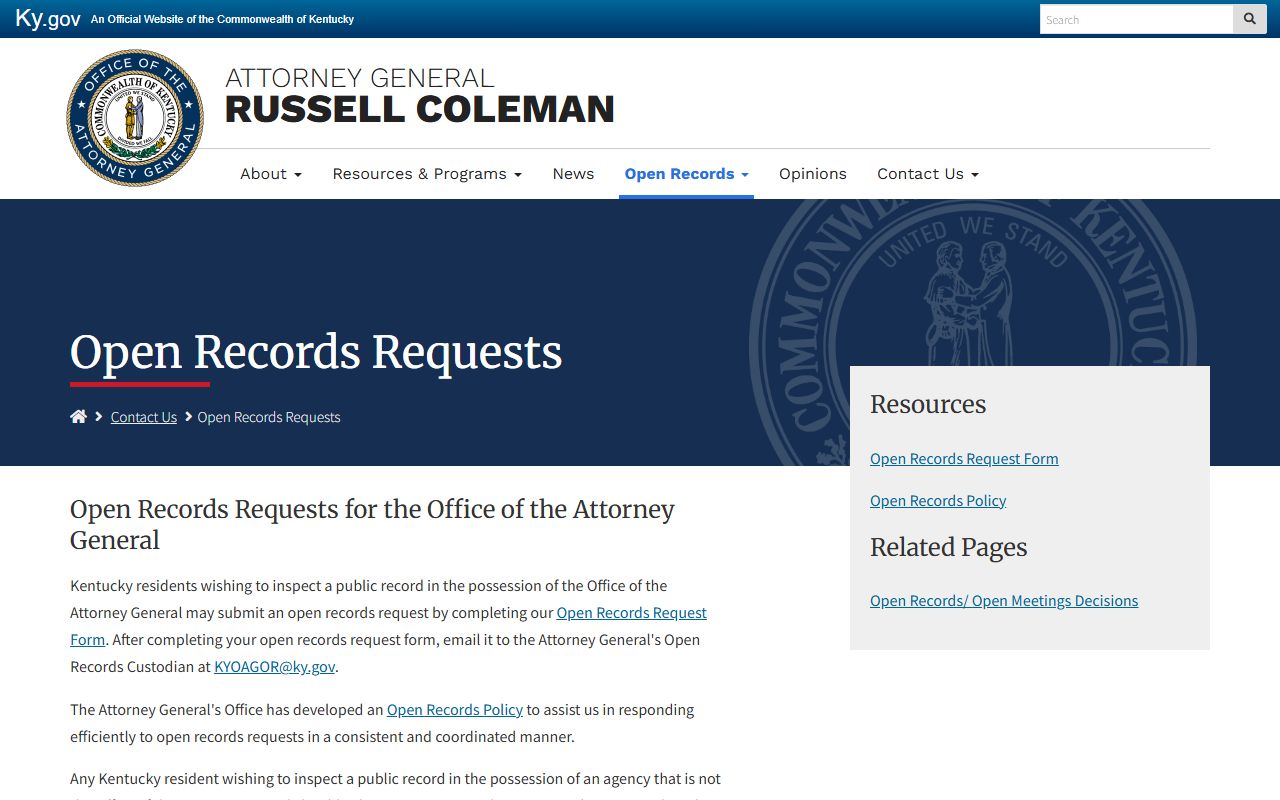 Kentucky Attorney General open records request information
