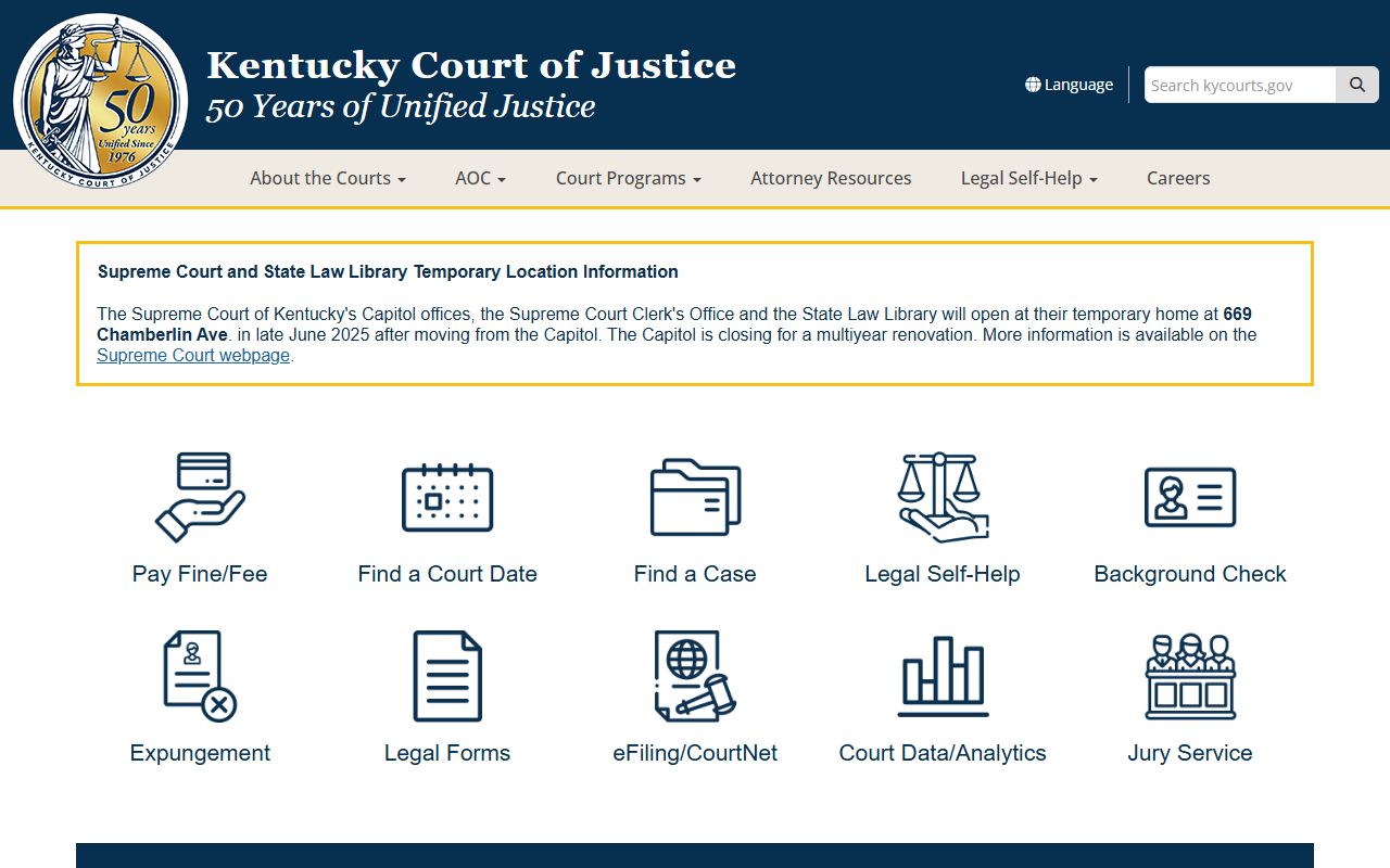 Kentucky Court of Justice website for accessing court and booking records
