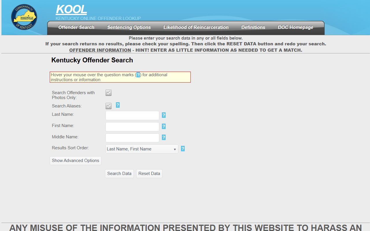 Kentucky Online Offender Lookup KOOL system for searching recent bookings