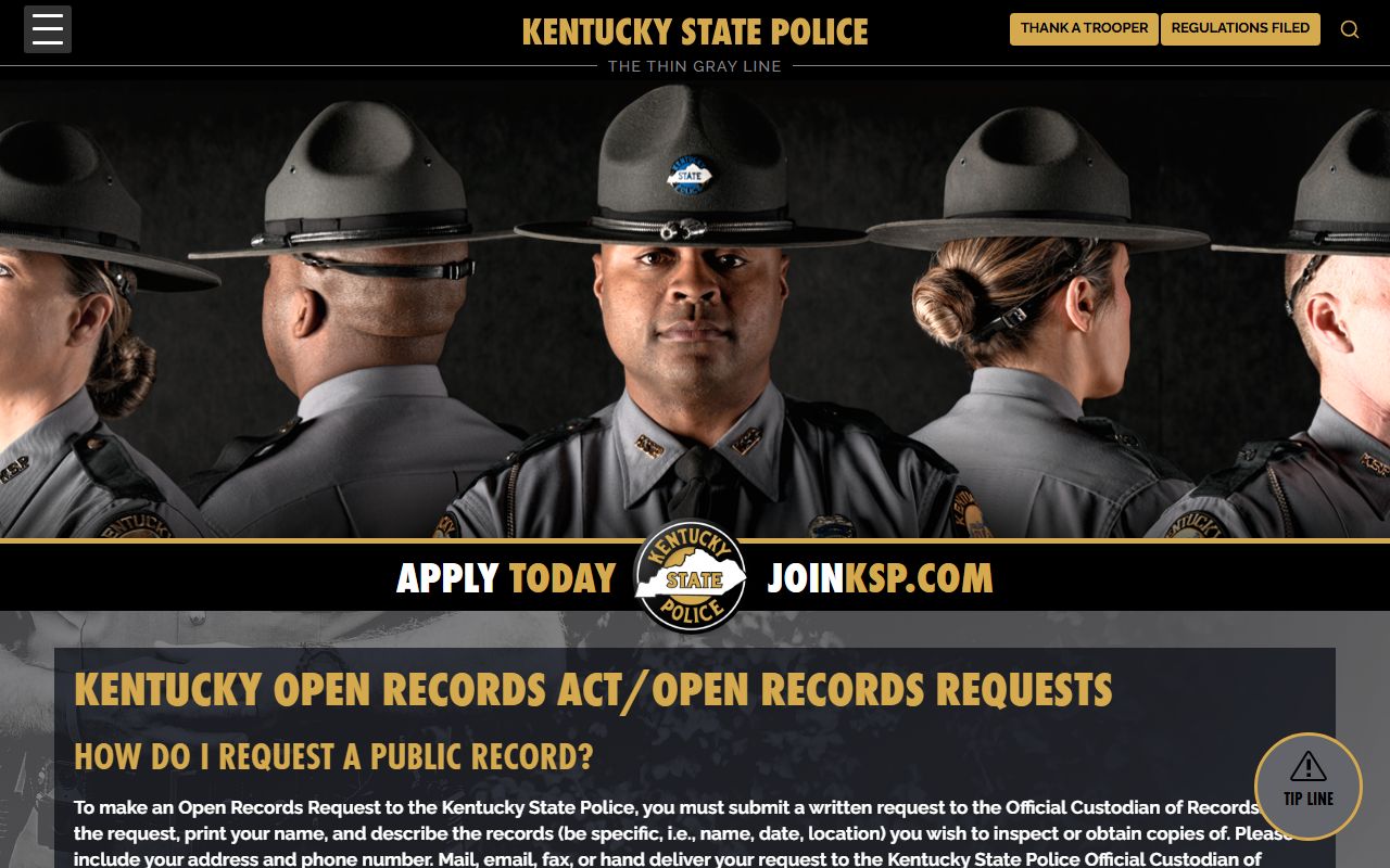 Kentucky State Police open records request page for booking information